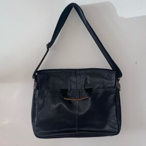 Boconi black leather and canvas slim messenger laptop bag Shoulder Bag